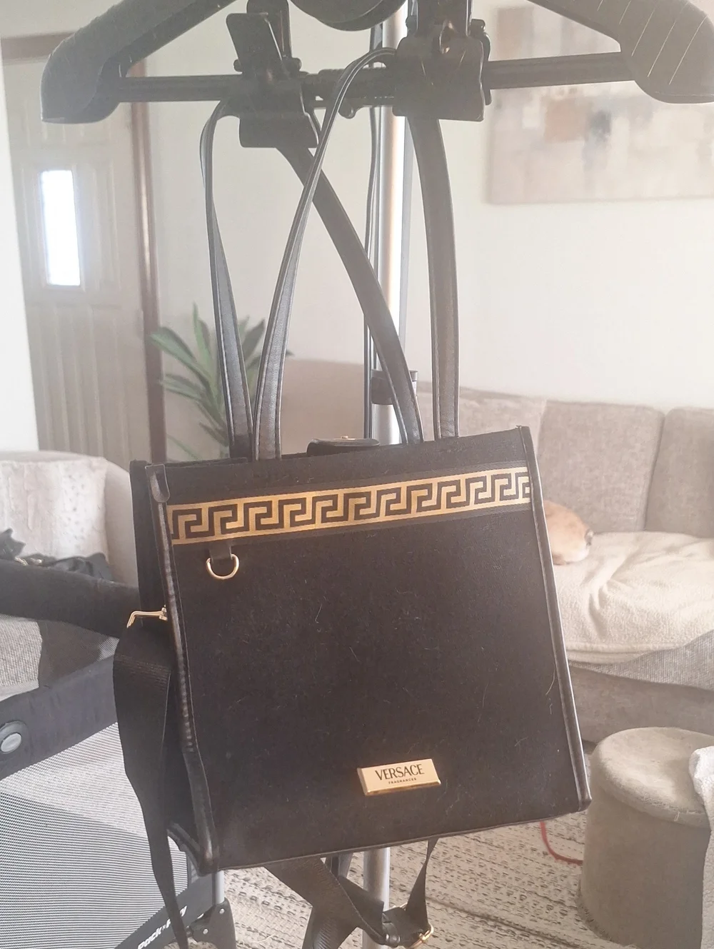 Versace Black and Gold Greek Key Satchel